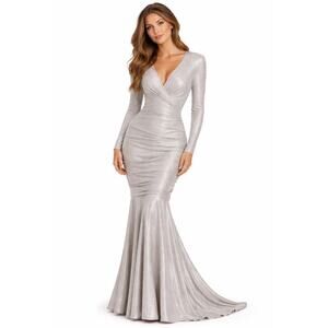 Talbot Runhof NWT $2895 Women's Maxi Silver V-Neck Long-Sleeve Gown Dress Sz 36